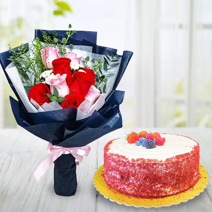 Red Velvet Cake & Flower Bouquet