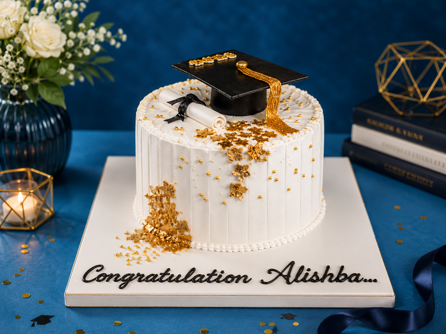 Golden blossom white graduation cake