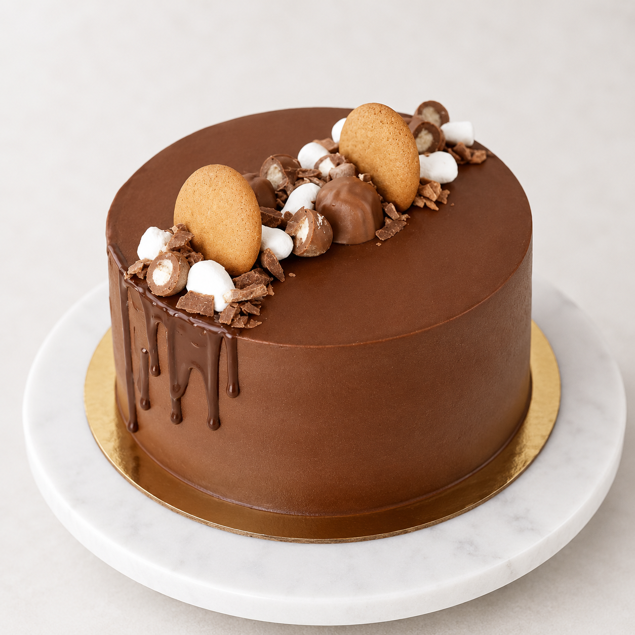 Delicious chocolate cake with nuts and cookies