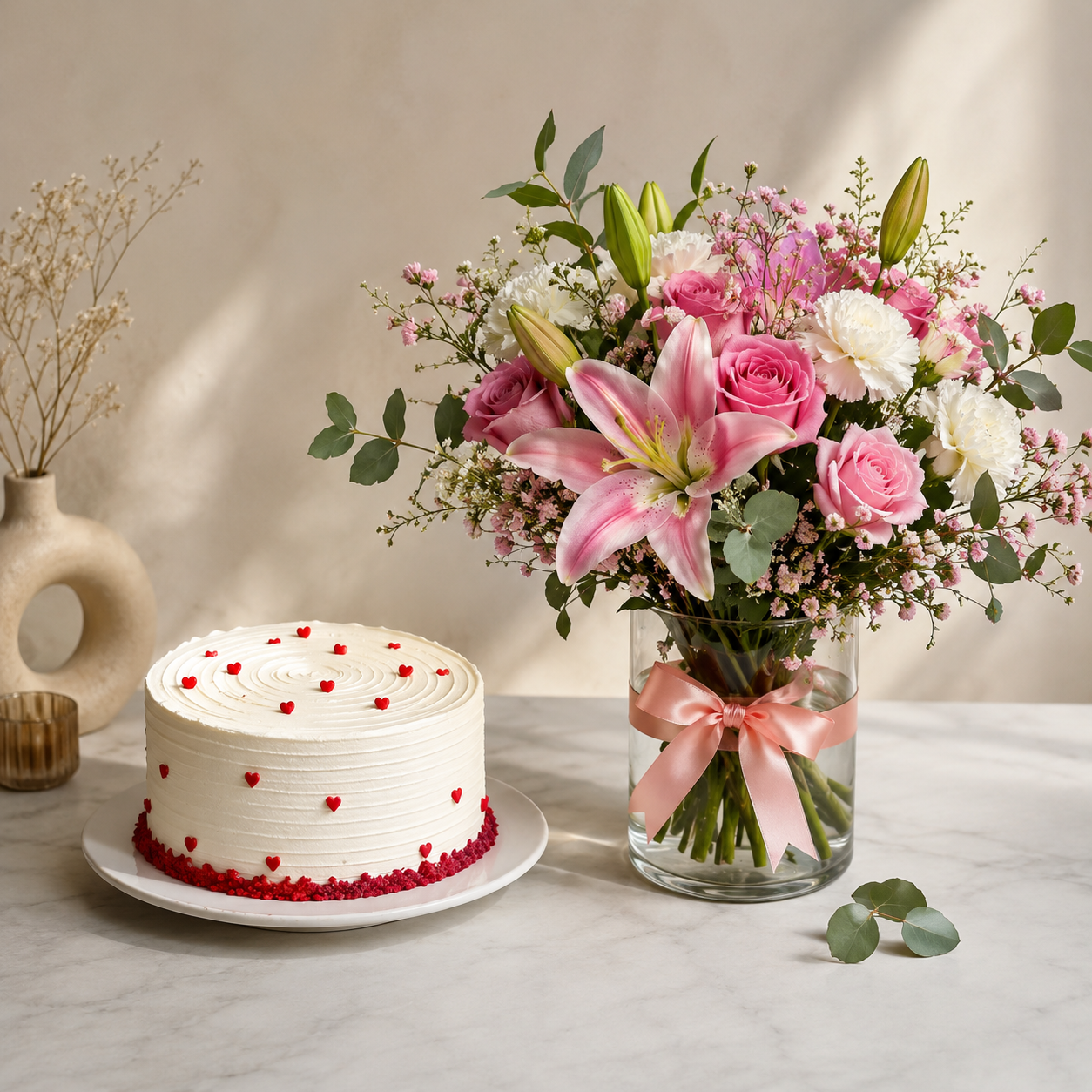 Pink blooms basket and white cake combo