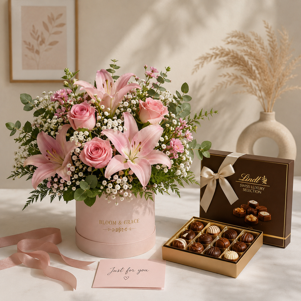Pink Rose Bouquet & Premium Chocolate Box Combo