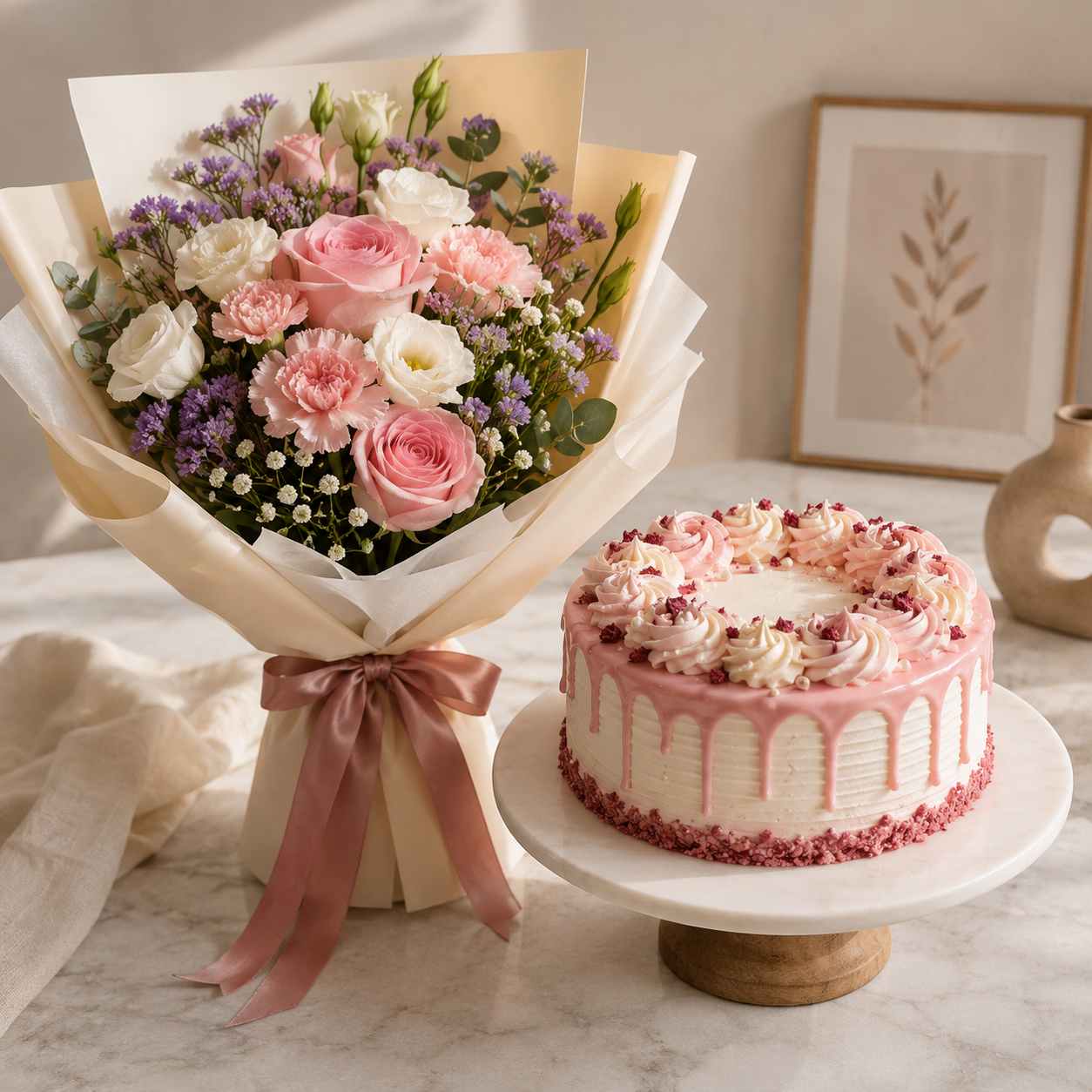 Floral pink Cake with Flowers Combo