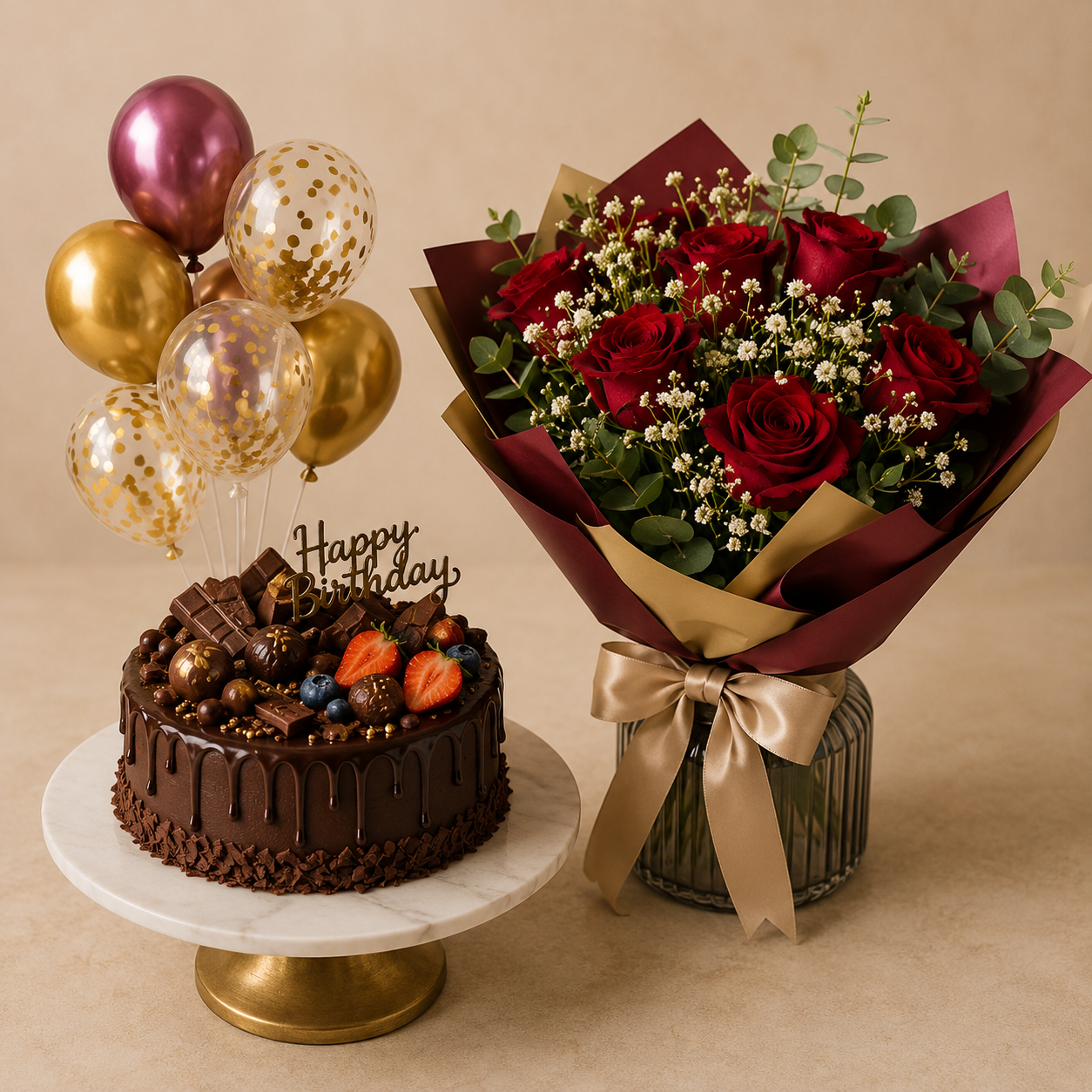 Fruit Cake & Rose bouquet with balloons