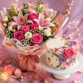 Floral fantasy cake and flower bouquet combo