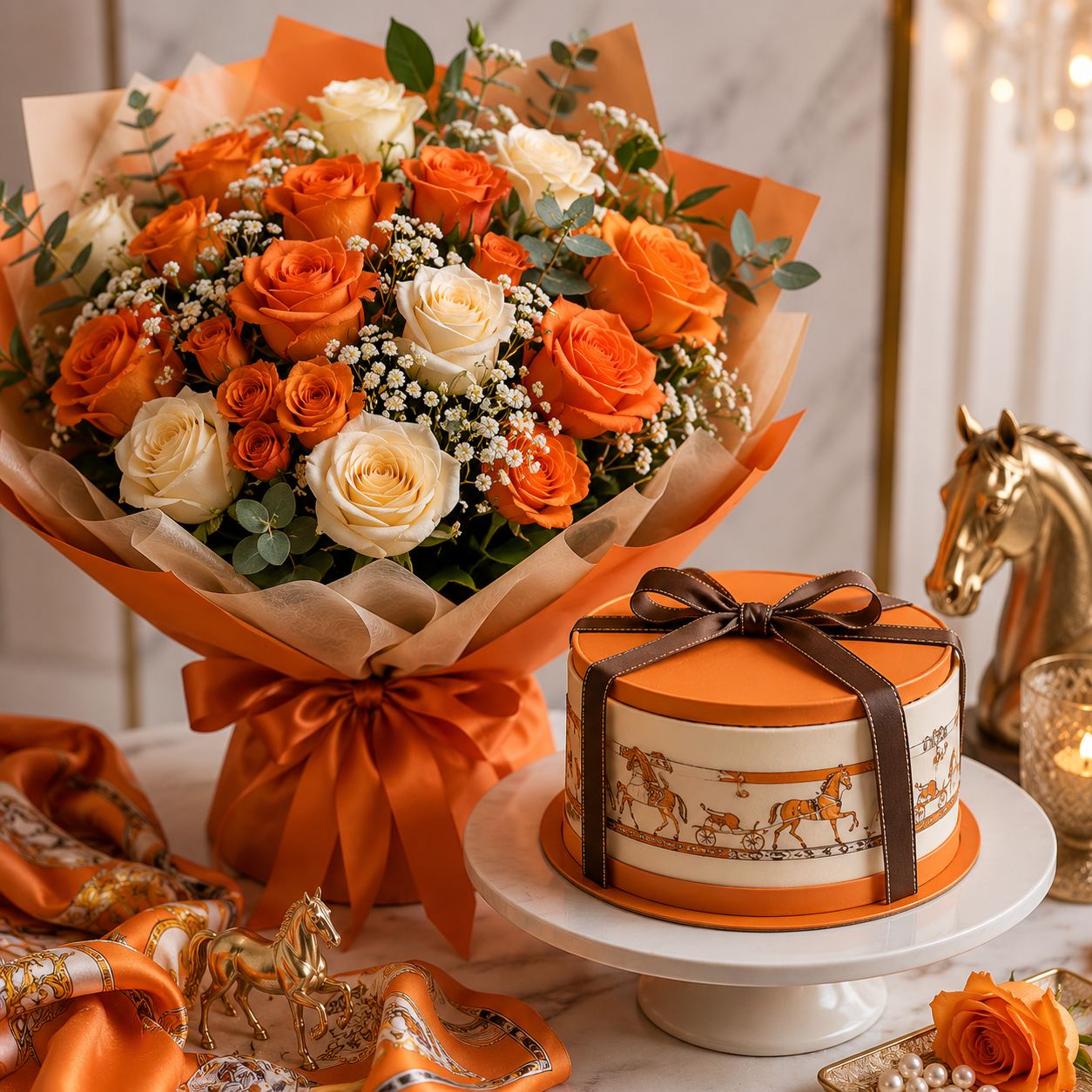 Hermes Paris Cake and flower bouquet combo