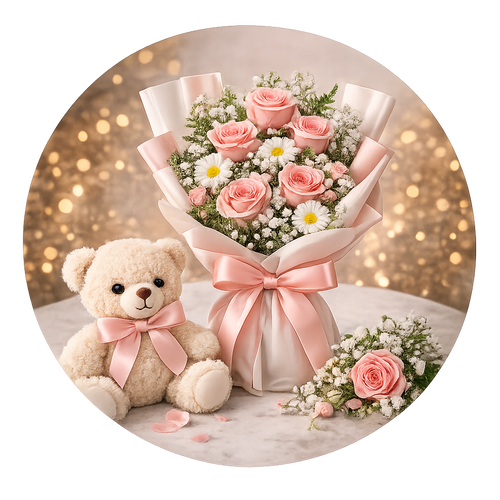 Mini teddy bear with flowers combo