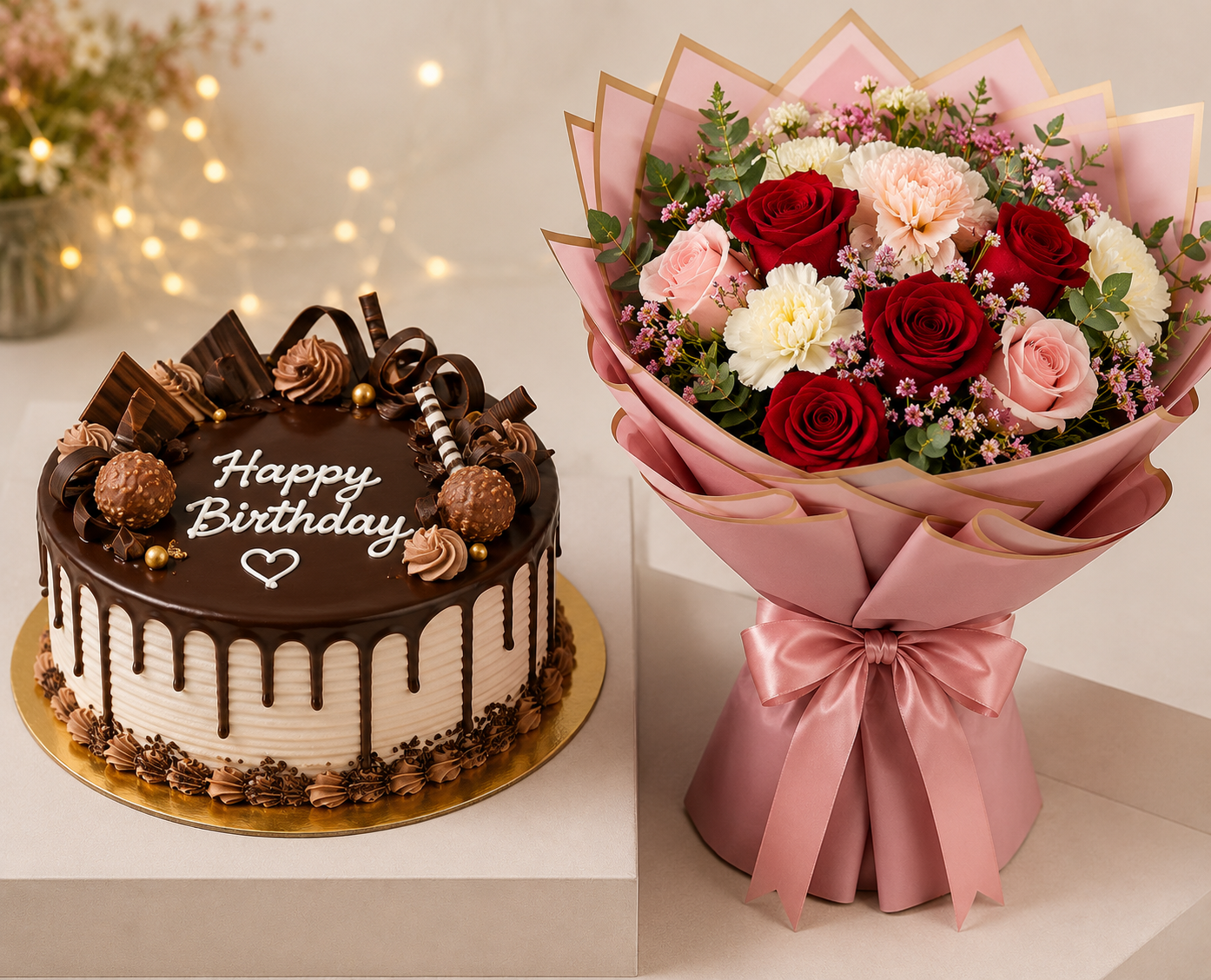 Vanilla Cake and Flower Bouquet