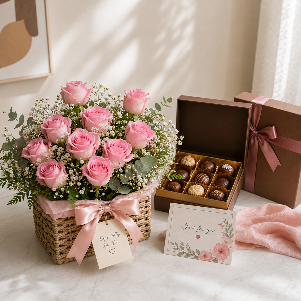 Pink Rose Bouquet & Premium Chocolate Box Combo