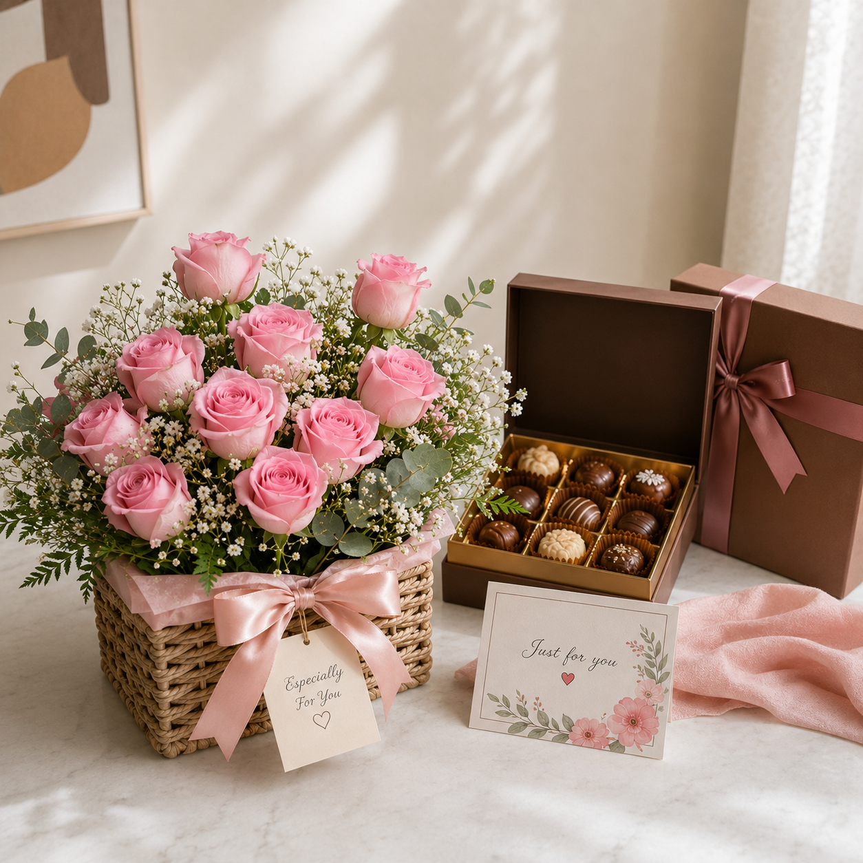 Pink Rose Bouquet & Premium Chocolate Box Combo