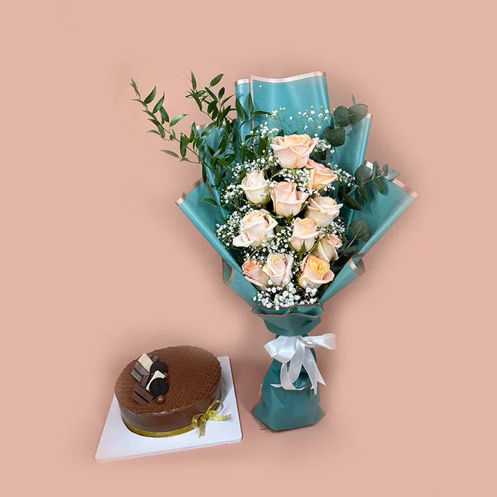 Beautiful flower bouquet & chocolate cake