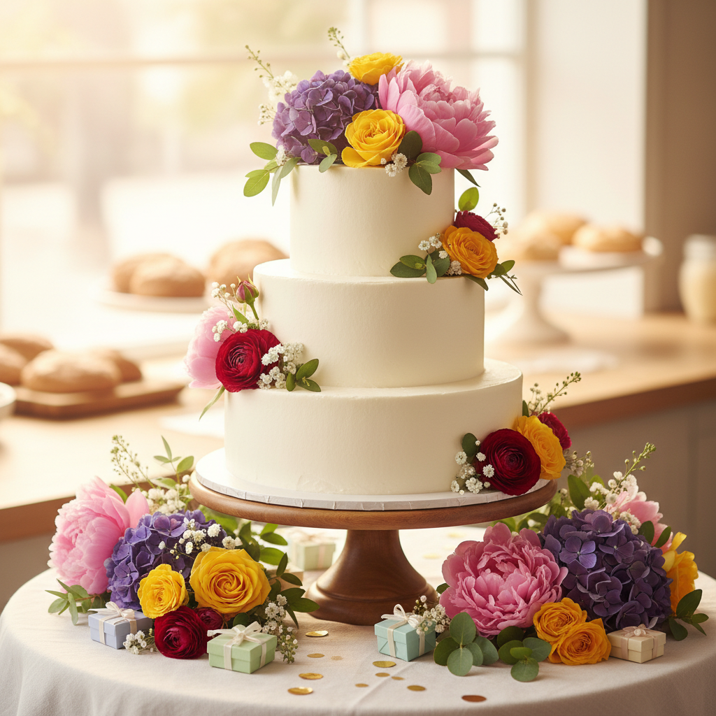 White Cake and Colorful Flowers Combo